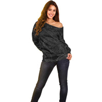 Hawaiian Kakau Art and Hisbiscus Tattoo Off Shoulder Sweater Tribal Pattern-Black Gradient Style - Polynesian Pride