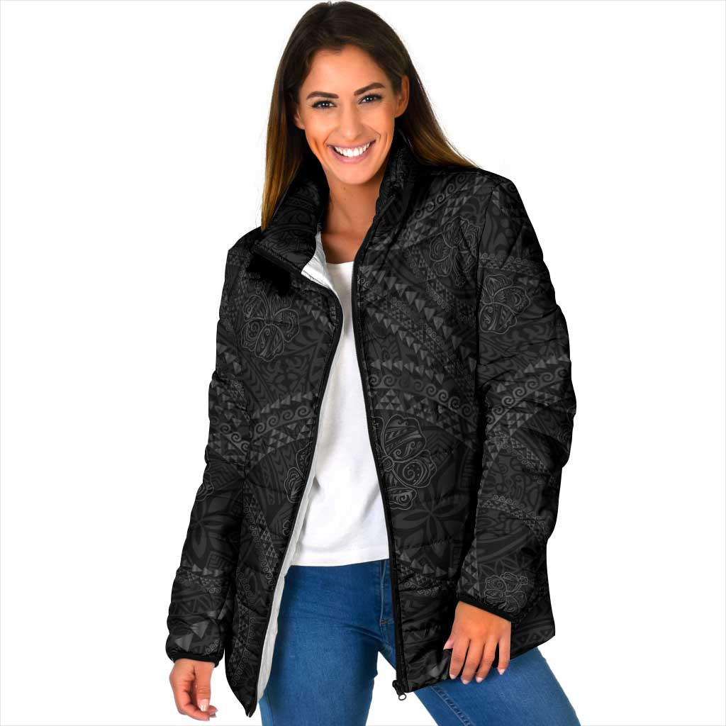 Hawaiian Kakau Art and Hisbiscus Tattoo Padded Jacket Tribal Pattern-Black Gradient Style - Polynesian Pride