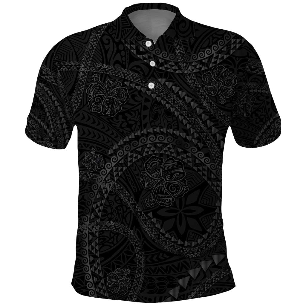 Hawaiian Kakau Art and Hisbiscus Tattoo Polo Shirt Tribal Pattern-Black Gradient Style - Polynesian Pride