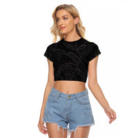 Hawaiian Kakau Art and Hisbiscus Tattoo Raglan Cropped T Shirt Tribal Pattern-Black Gradient Style - Polynesian Pride