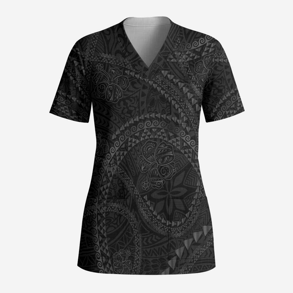 Hawaiian Kakau Art and Hisbiscus Tattoo Scrub Top Tribal Pattern-Black Gradient Style - Polynesian Pride
