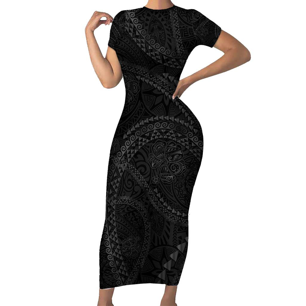 Hawaiian Kakau Art and Hisbiscus Tattoo Short Sleeve Bodycon Dress Tribal Pattern-Black Gradient Style LT03 Long Dress Black - Polynesian Pride