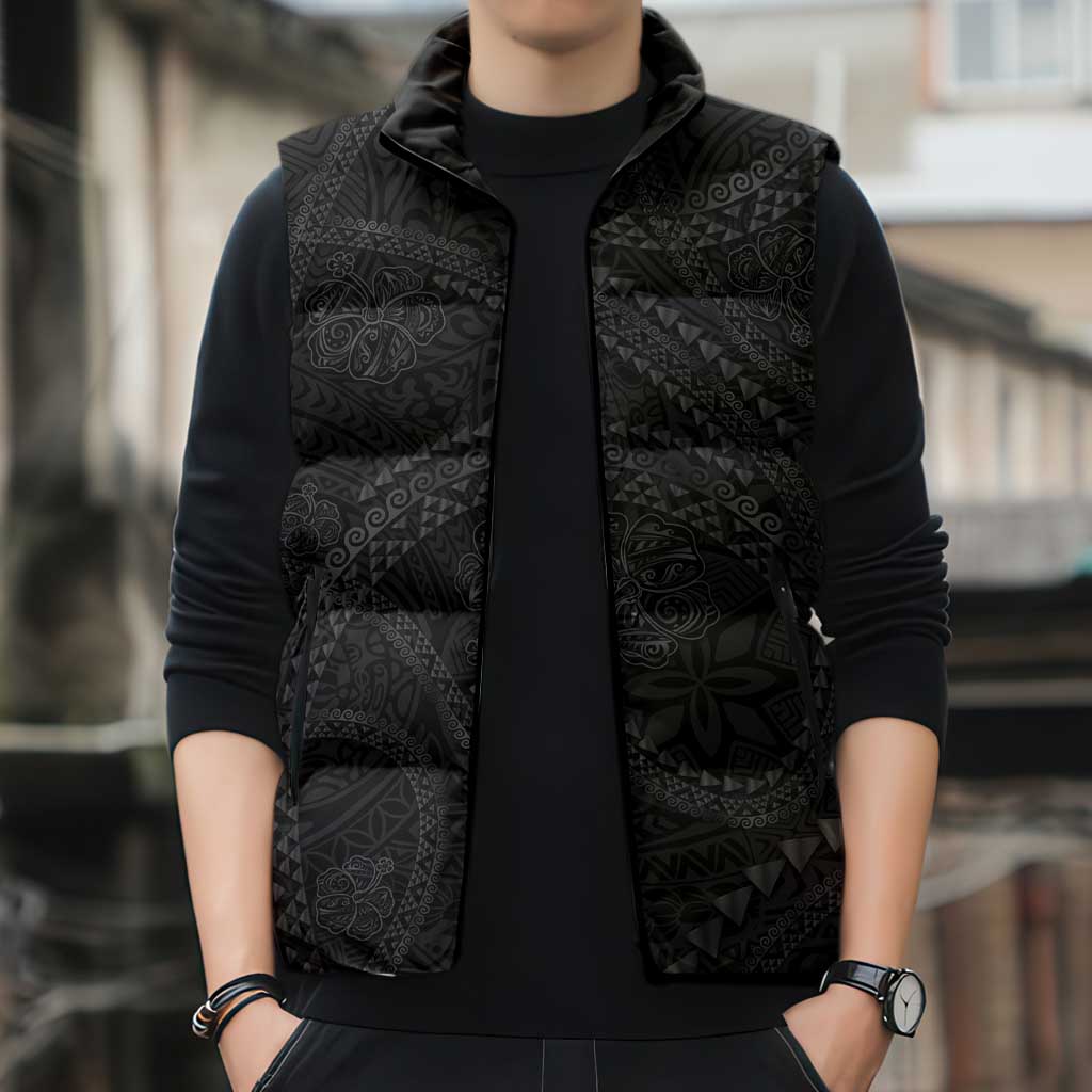 Hawaiian Kakau Art and Hisbiscus Tattoo Sleeveless Puffer Jacket Tribal Pattern-Black Gradient Style - Polynesian Pride