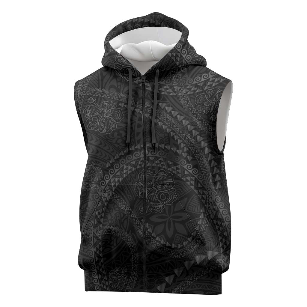 Hawaiian Kakau Art and Hisbiscus Tattoo Sleeveless Zip Hoodie Tribal Pattern-Black Gradient Style - Polynesian Pride