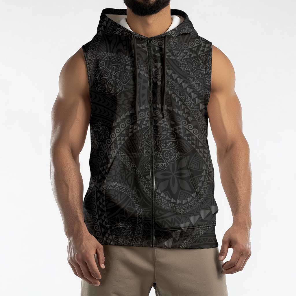 Hawaiian Kakau Art and Hisbiscus Tattoo Sleeveless Zip Hoodie Tribal Pattern-Black Gradient Style - Polynesian Pride