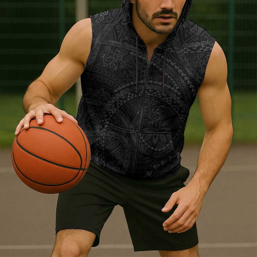 Hawaiian Kakau Art and Hisbiscus Tattoo Sleeveless Zip Hoodie Tribal Pattern-Black Gradient Style - Polynesian Pride