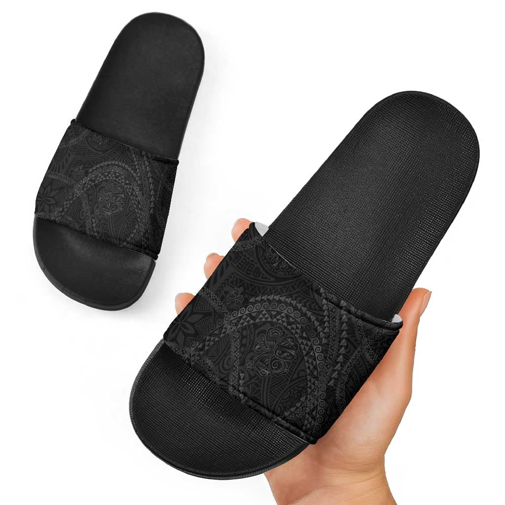 Hawaiian Kakau Art and Hisbiscus Tattoo Slide Sandals Tribal Pattern-Black Gradient Style - Polynesian Pride