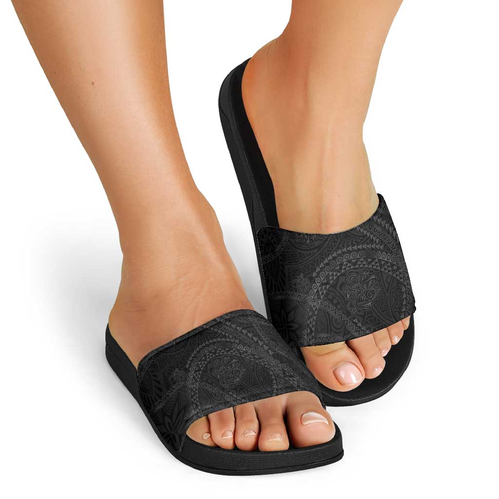 Hawaiian Kakau Art and Hisbiscus Tattoo Slide Sandals Tribal Pattern-Black Gradient Style - Polynesian Pride