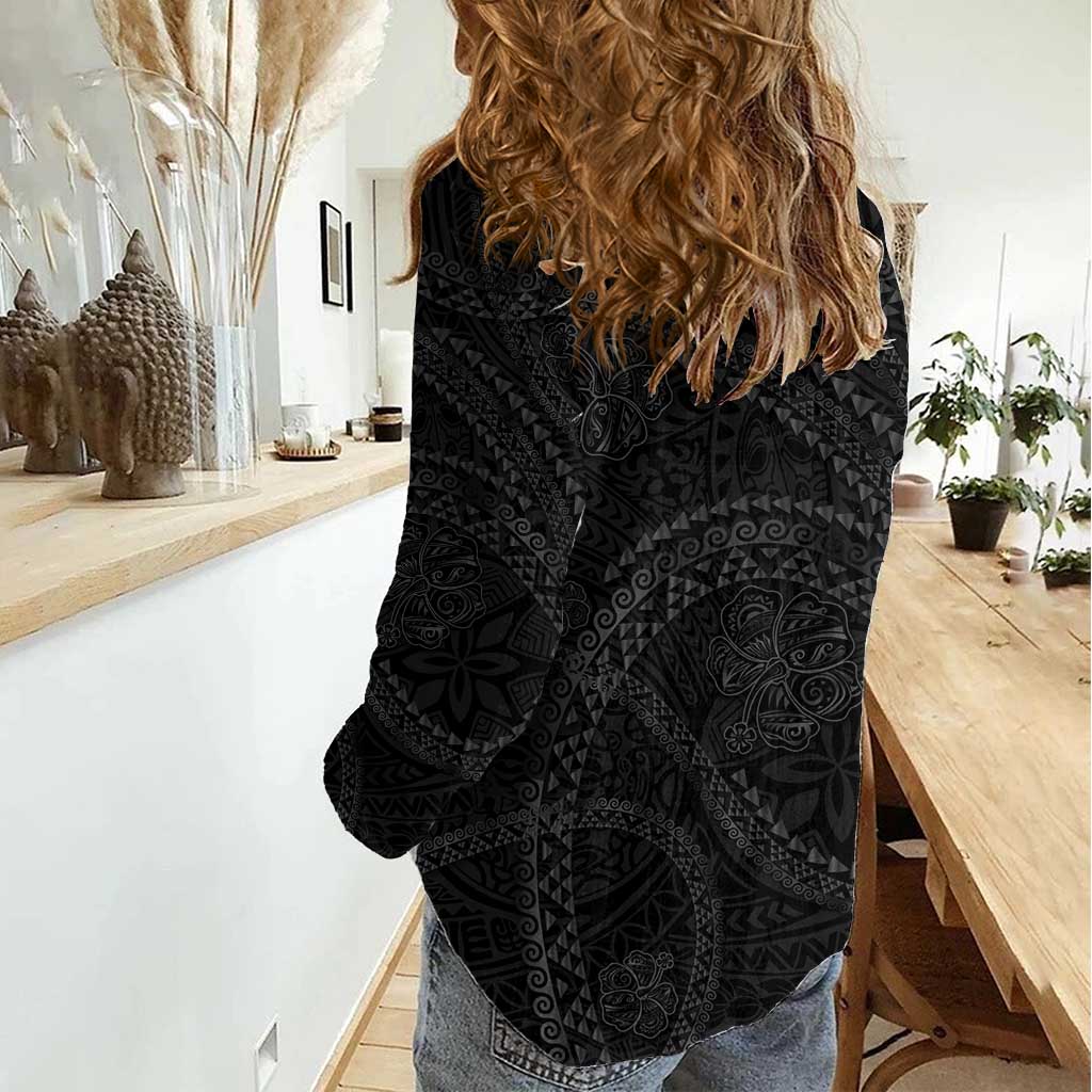 Hawaiian Kakau Art and Hisbiscus Tattoo Women Casual Shirt Tribal Pattern-Black Gradient Style - Polynesian Pride