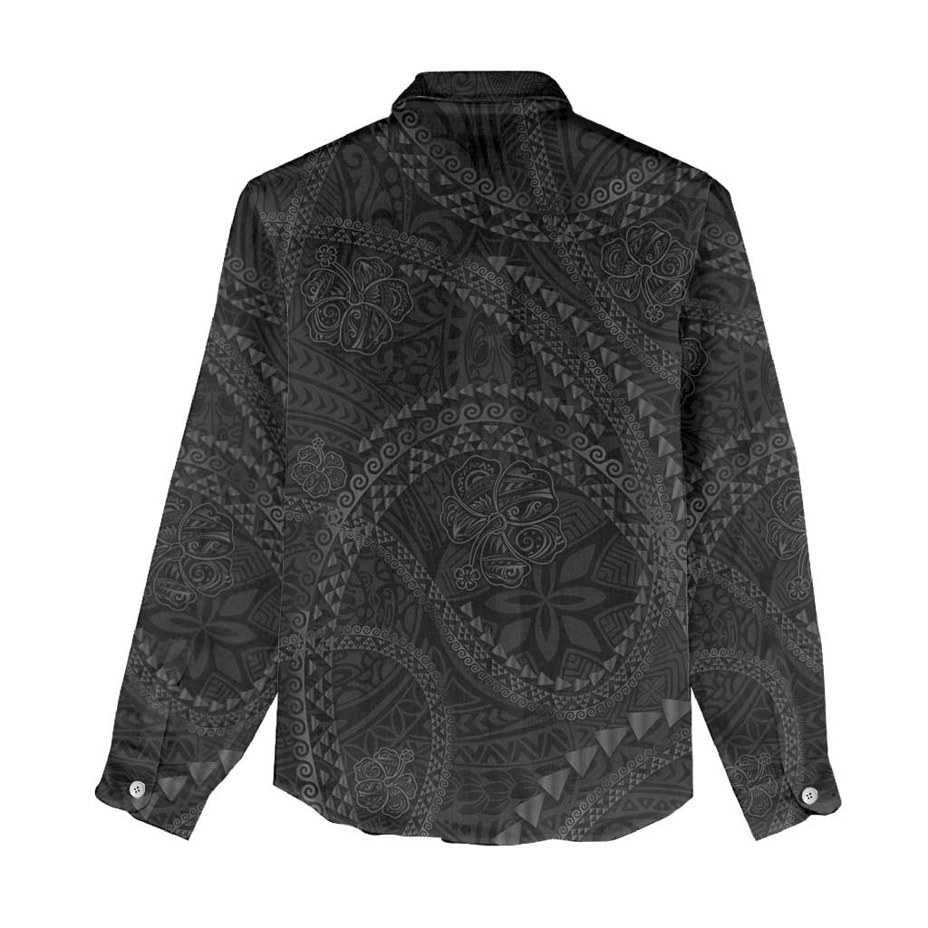 Hawaiian Kakau Art and Hisbiscus Tattoo Women Casual Shirt Tribal Pattern-Black Gradient Style - Polynesian Pride