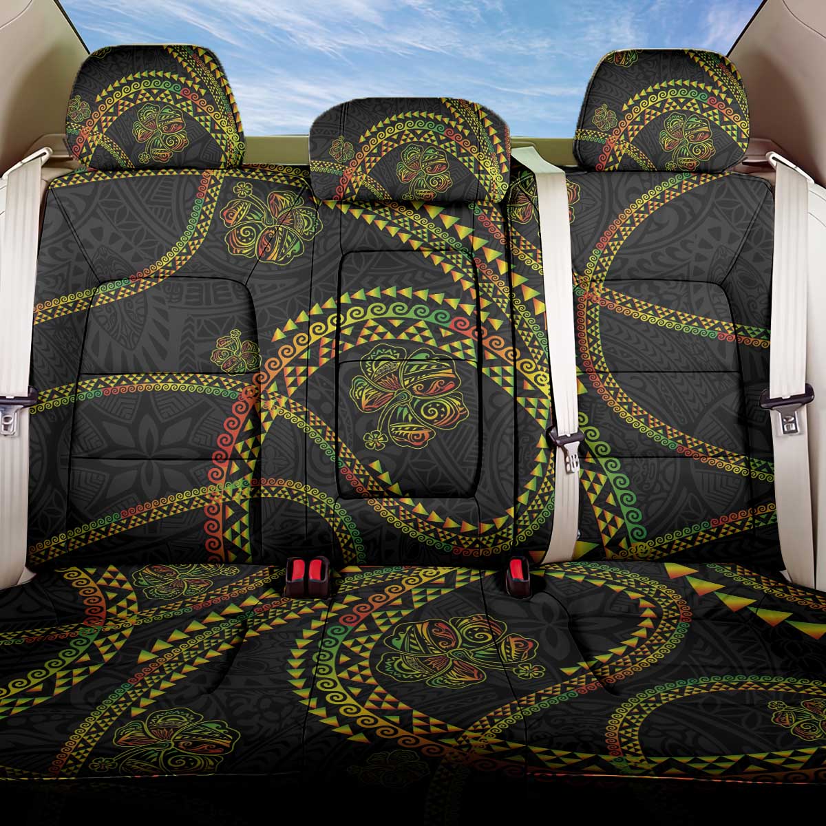 Hawaiian Kakau Art and Hisbiscus Tattoo Back Car Seat Cover Tribal Pattern-Reggae Style LT03 One Size Black - Polynesian Pride