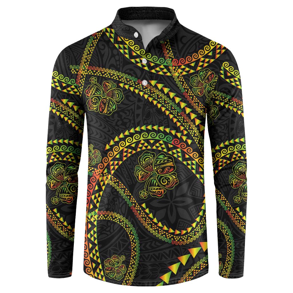 Hawaiian Kakau Art and Hisbiscus Tattoo Button Sweatshirt Tribal Pattern-Reggae Style LT03 Black - Polynesian Pride