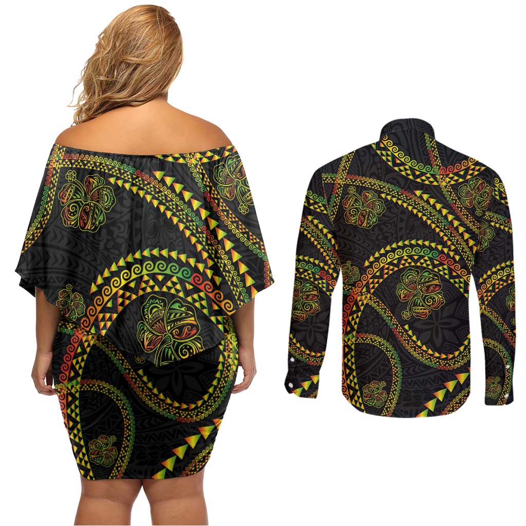 Hawaiian Kakau Art and Hisbiscus Tattoo Couples Matching Off Shoulder Short Dress and Long Sleeve Button Shirt Tribal Pattern-Reggae Style - Polynesian Pride