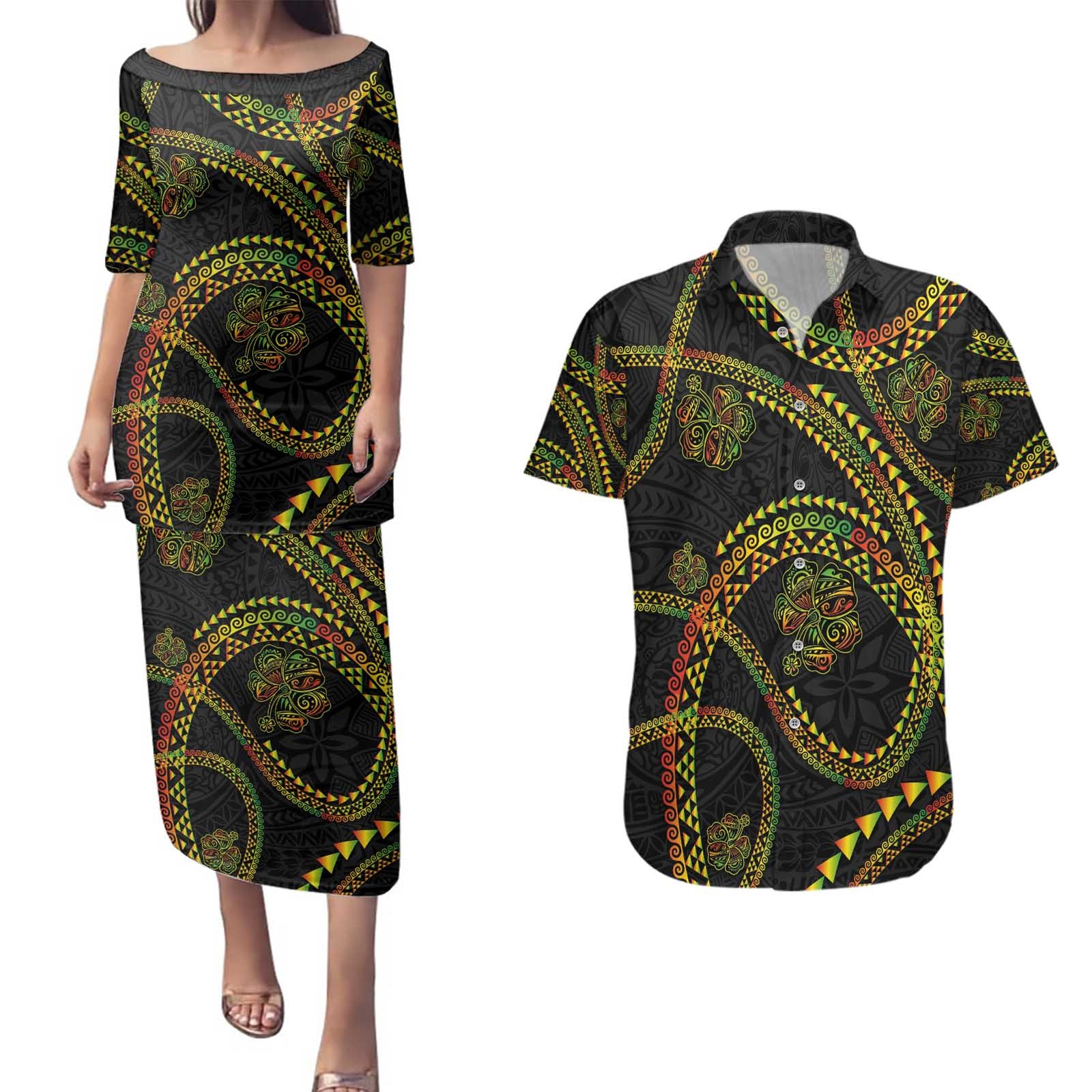 Hawaiian Kakau Art and Hisbiscus Tattoo Couples Matching Puletasi and Hawaiian Shirt Tribal Pattern-Reggae Style - Polynesian Pride
