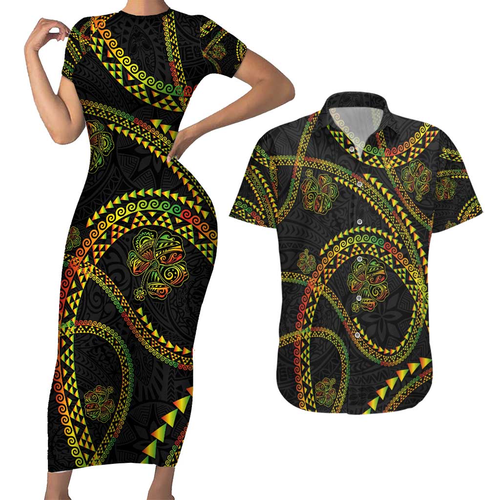 Hawaiian Kakau Art and Hisbiscus Tattoo Couples Matching Short Sleeve Bodycon Dress and Hawaiian Shirt Tribal Pattern-Reggae Style LT03 Black - Polynesian Pride