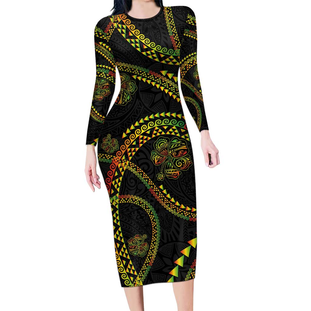 Hawaiian Kakau Art and Hisbiscus Tattoo Family Matching Long Sleeve Bodycon Dress and Hawaiian Shirt Tribal Pattern-Reggae Style LT03 Mom's Dress Black - Polynesian Pride