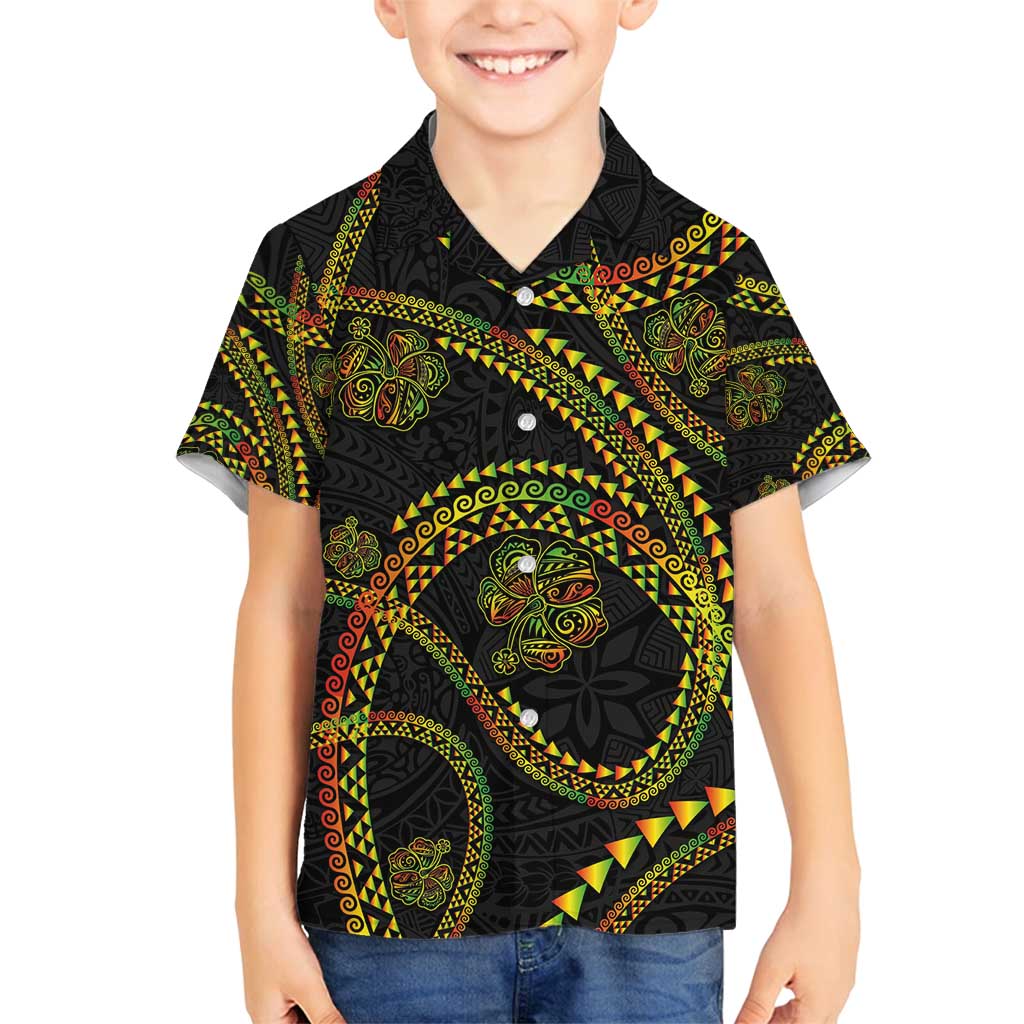 Hawaiian Kakau Art and Hisbiscus Tattoo Family Matching Long Sleeve Bodycon Dress and Hawaiian Shirt Tribal Pattern-Reggae Style LT03 Son's Shirt Black - Polynesian Pride