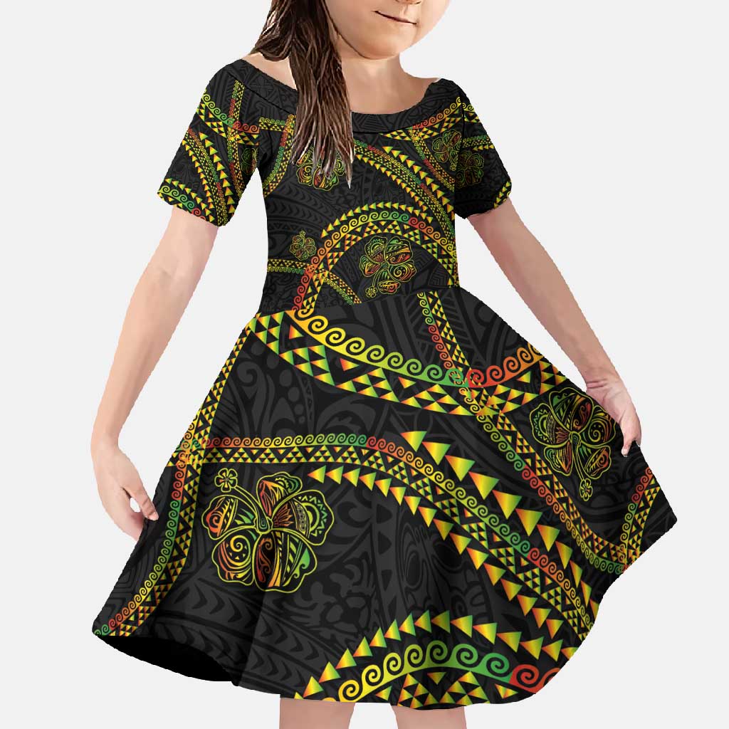 Hawaiian Kakau Art and Hisbiscus Tattoo Family Matching Mermaid Dress and Hawaiian Shirt Tribal Pattern-Reggae Style LT03 Daughter's Dress Black - Polynesian Pride