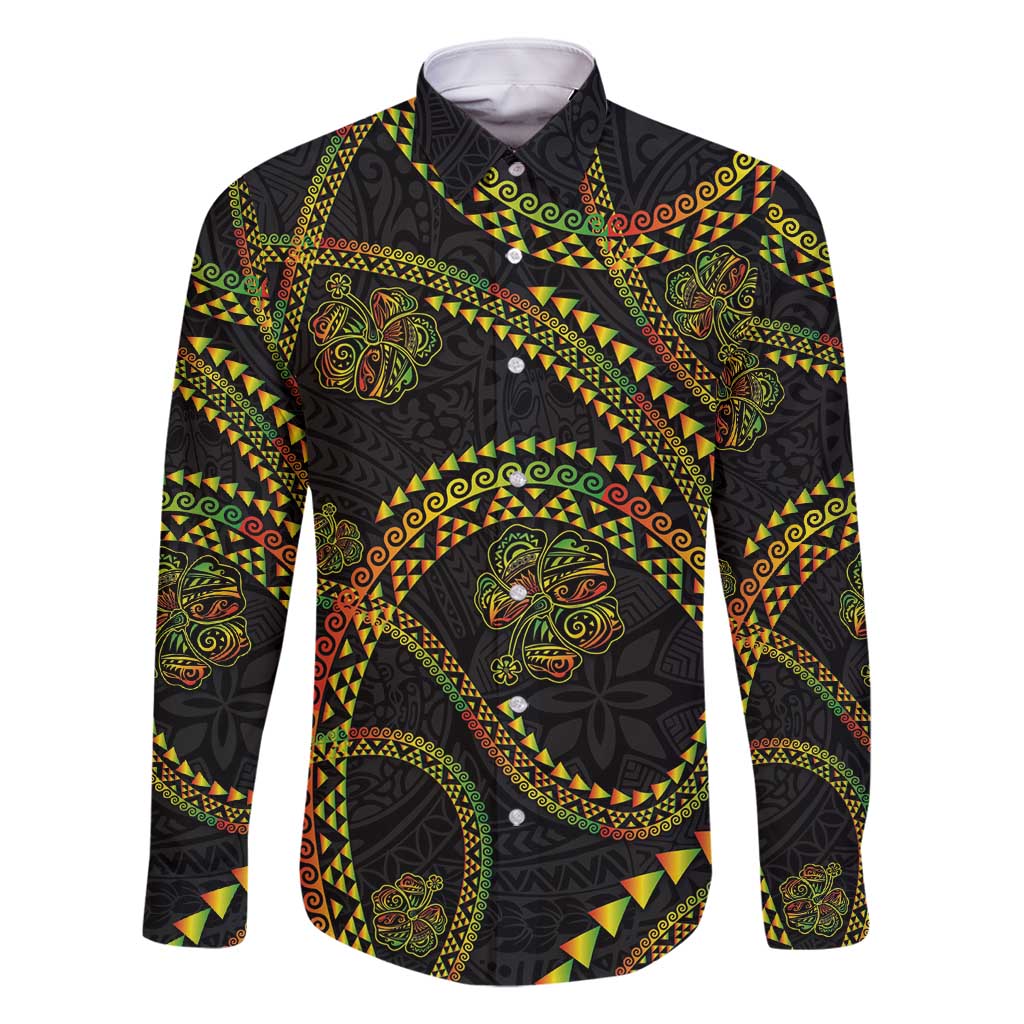 Hawaiian Kakau Art and Hisbiscus Tattoo Family Matching Mermaid Dress and Hawaiian Shirt Tribal Pattern-Reggae Style LT03 Dad's Shirt - Long Sleeve Black - Polynesian Pride