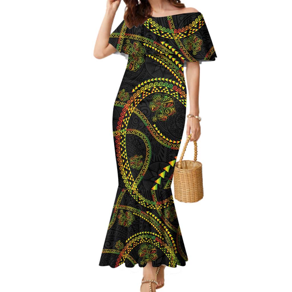 Hawaiian Kakau Art and Hisbiscus Tattoo Family Matching Mermaid Dress and Hawaiian Shirt Tribal Pattern-Reggae Style LT03 Mom's Dress Black - Polynesian Pride