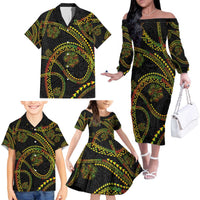 Hawaiian Kakau Art and Hisbiscus Tattoo Family Matching Off The Shoulder Long Sleeve Dress and Hawaiian Shirt Tribal Pattern-Reggae Style LT03 - Polynesian Pride