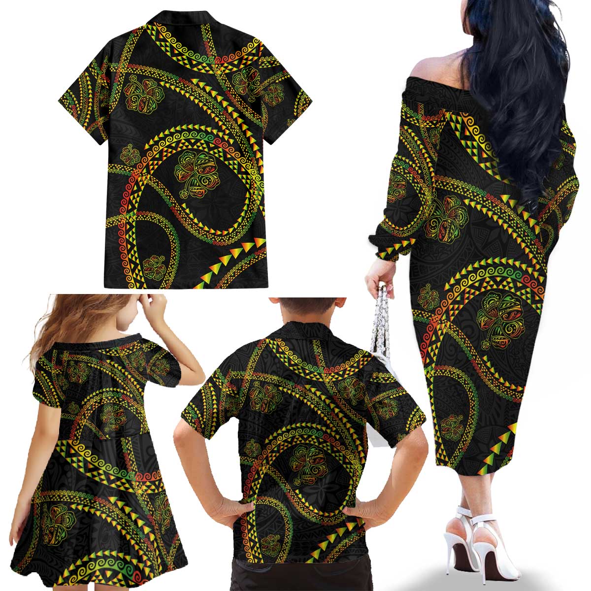 Hawaiian Kakau Art and Hisbiscus Tattoo Family Matching Off The Shoulder Long Sleeve Dress and Hawaiian Shirt Tribal Pattern-Reggae Style LT03 - Polynesian Pride