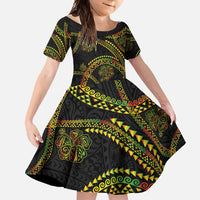 Hawaiian Kakau Art and Hisbiscus Tattoo Family Matching Off Shoulder Maxi Dress and Hawaiian Shirt Tribal Pattern-Reggae Style LT03 Daughter's Dress Black - Polynesian Pride