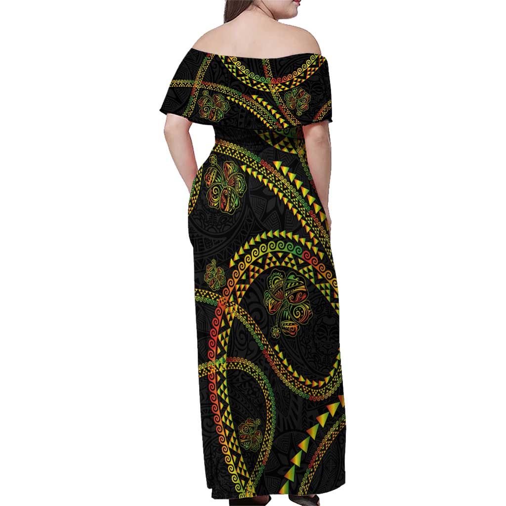 Hawaiian Kakau Art and Hisbiscus Tattoo Family Matching Off Shoulder Maxi Dress and Hawaiian Shirt Tribal Pattern-Reggae Style LT03 - Polynesian Pride