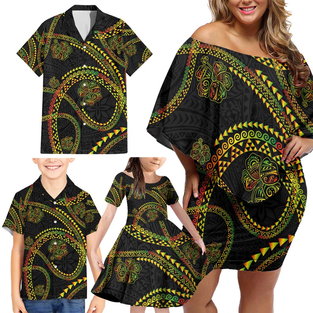 Hawaiian Kakau Art and Hisbiscus Tattoo Family Matching Off Shoulder Short Dress and Hawaiian Shirt Tribal Pattern-Reggae Style LT03 - Polynesian Pride