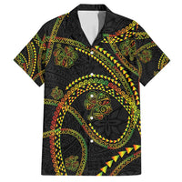 Hawaiian Kakau Art and Hisbiscus Tattoo Family Matching Off Shoulder Short Dress and Hawaiian Shirt Tribal Pattern-Reggae Style LT03 Dad's Shirt - Short Sleeve Black - Polynesian Pride