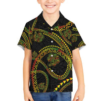 Hawaiian Kakau Art and Hisbiscus Tattoo Family Matching Off Shoulder Short Dress and Hawaiian Shirt Tribal Pattern-Reggae Style LT03 Son's Shirt Black - Polynesian Pride