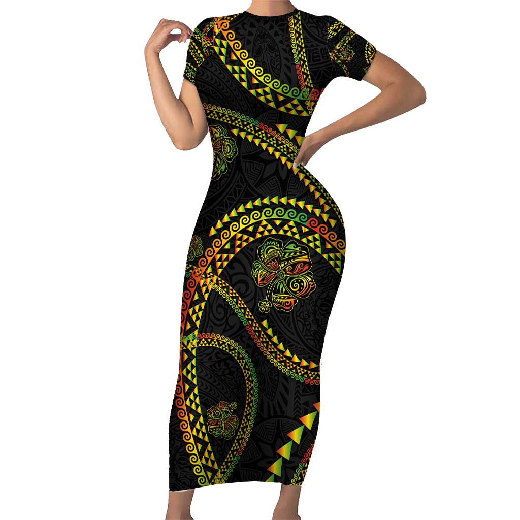 Hawaiian Kakau Art and Hisbiscus Tattoo Family Matching Short Sleeve Bodycon Dress and Hawaiian Shirt Tribal Pattern-Reggae Style LT03 Mom's Dress Black - Polynesian Pride