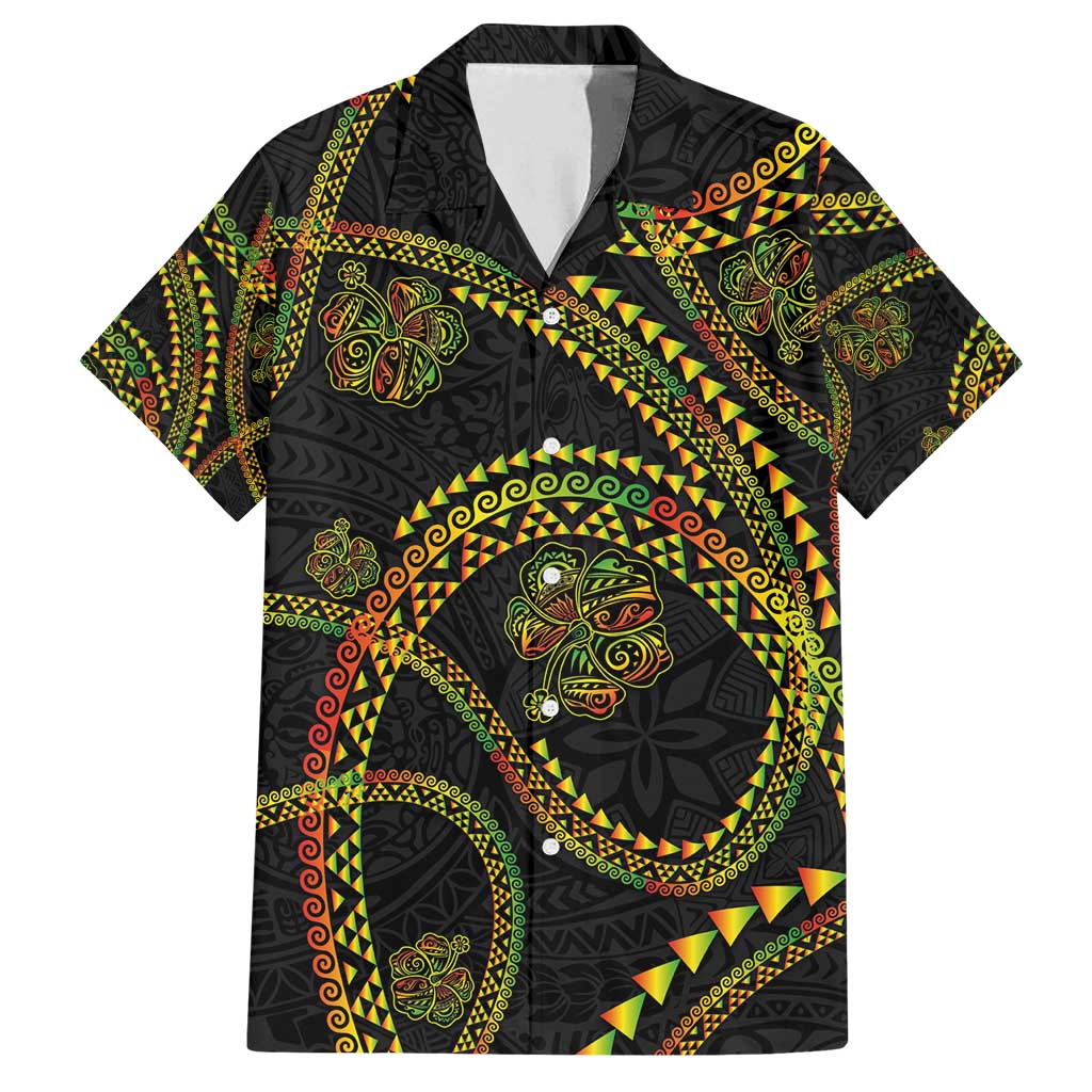 Hawaiian Kakau Art and Hisbiscus Tattoo Family Matching Summer Maxi Dress and Hawaiian Shirt Tribal Pattern-Reggae Style LT03 Dad's Shirt - Short Sleeve Black - Polynesian Pride