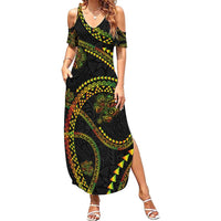 Hawaiian Kakau Art and Hisbiscus Tattoo Family Matching Summer Maxi Dress and Hawaiian Shirt Tribal Pattern-Reggae Style LT03 Mom's Dress Black - Polynesian Pride