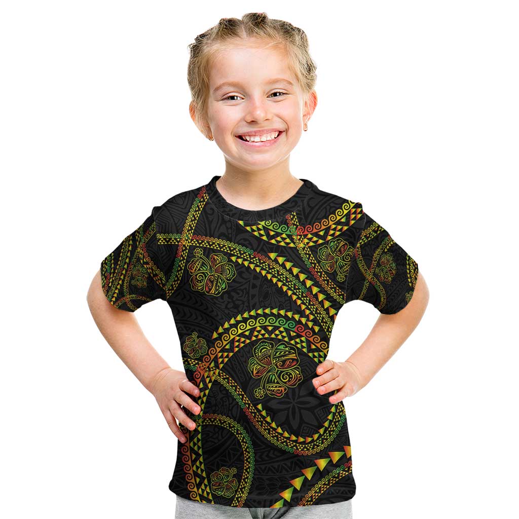 Hawaiian Kakau Art and Hisbiscus Tattoo Kid T Shirt Tribal Pattern-Reggae Style LT03 Black - Polynesian Pride
