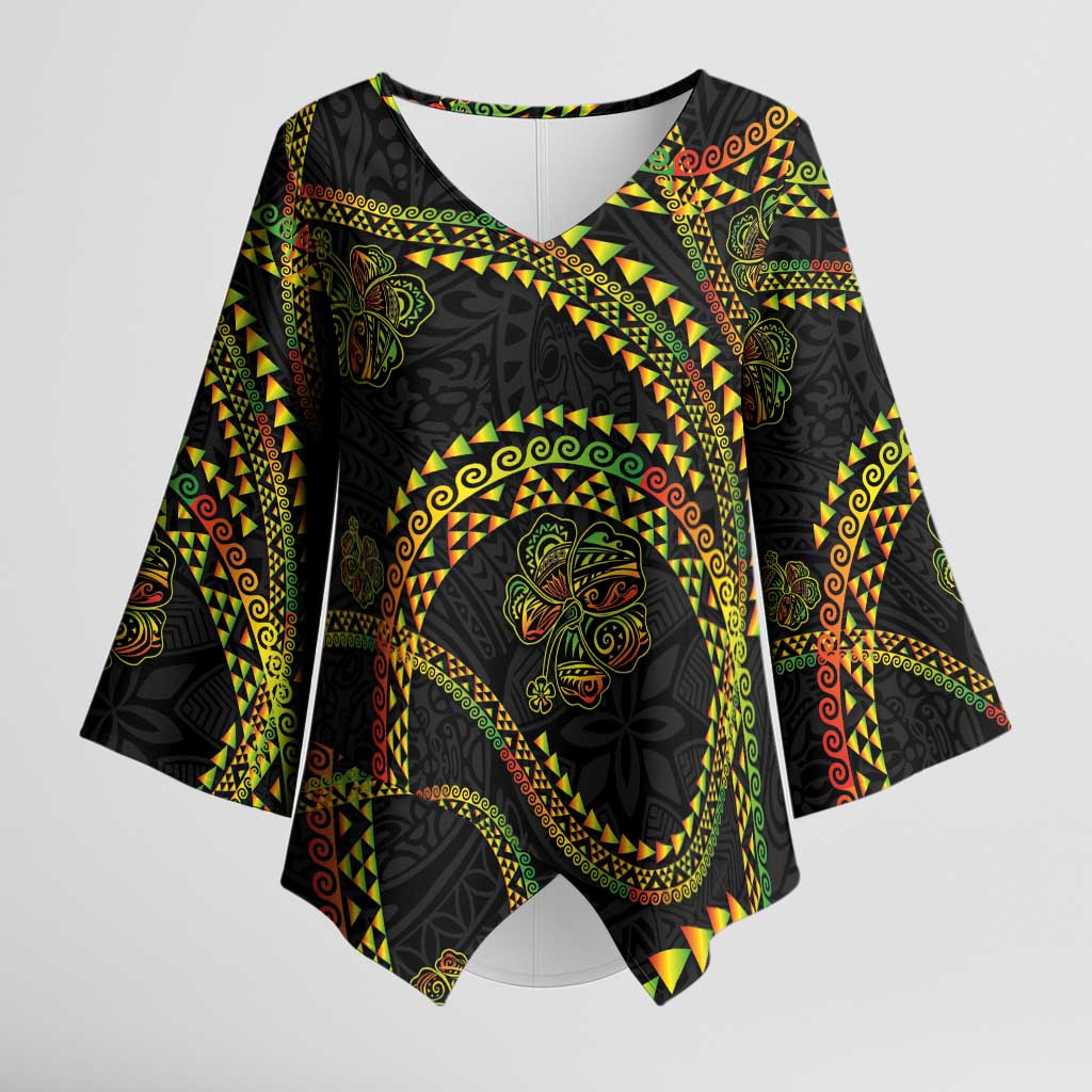 Hawaiian Kakau Art and Hisbiscus Tattoo Kimono Sleeve Blouse Tribal Pattern-Reggae Style LT03 Female Black - Polynesian Pride