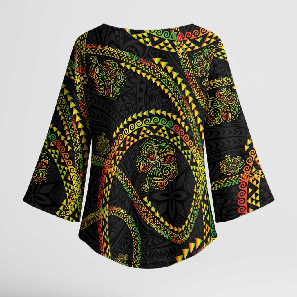 Hawaiian Kakau Art and Hisbiscus Tattoo Kimono Sleeve Blouse Tribal Pattern-Reggae Style LT03 - Polynesian Pride