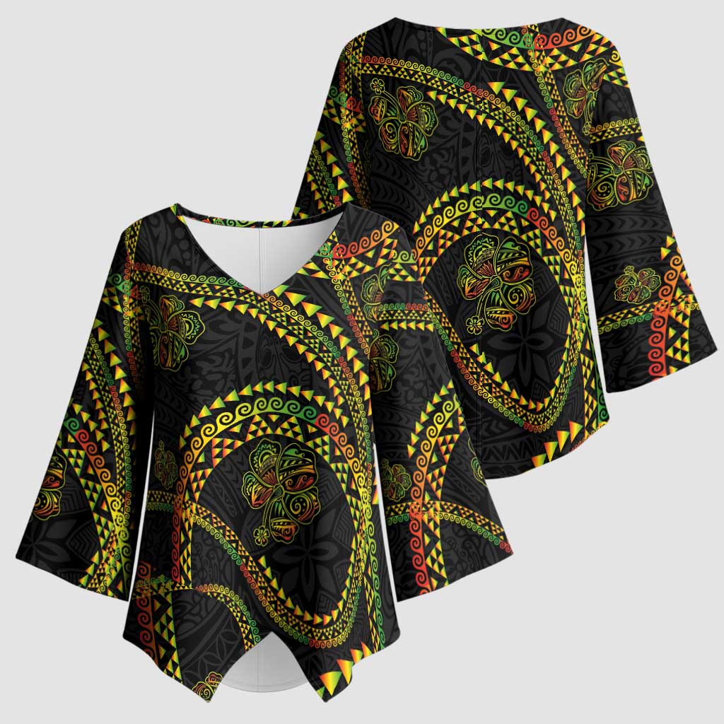 Hawaiian Kakau Art and Hisbiscus Tattoo Kimono Sleeve Blouse Tribal Pattern-Reggae Style LT03 - Polynesian Pride