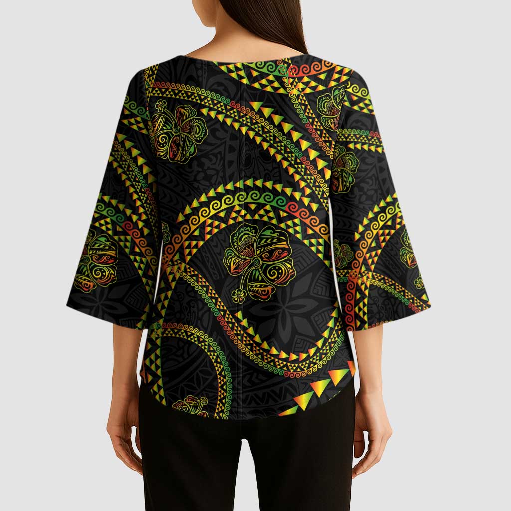 Hawaiian Kakau Art and Hisbiscus Tattoo Kimono Sleeve Blouse Tribal Pattern-Reggae Style LT03 - Polynesian Pride