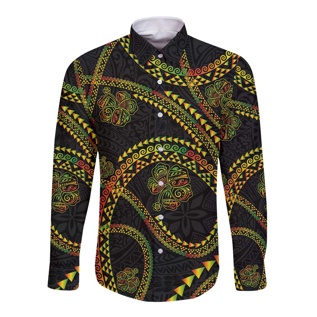Hawaiian Kakau Art and Hisbiscus Tattoo Long Sleeve Button Shirt Tribal Pattern-Reggae Style LT03 Unisex Black - Polynesian Pride