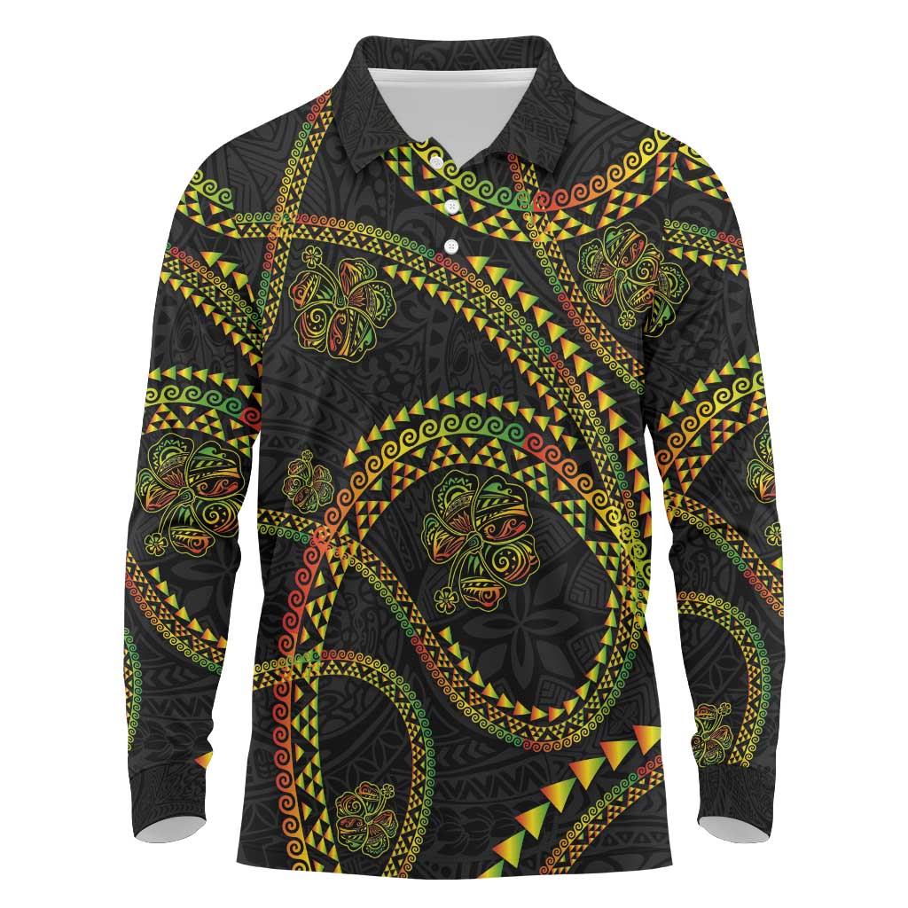 Hawaiian Kakau Art and Hisbiscus Tattoo Long Sleeve Polo Shirt Tribal Pattern-Reggae Style LT03 Black - Polynesian Pride
