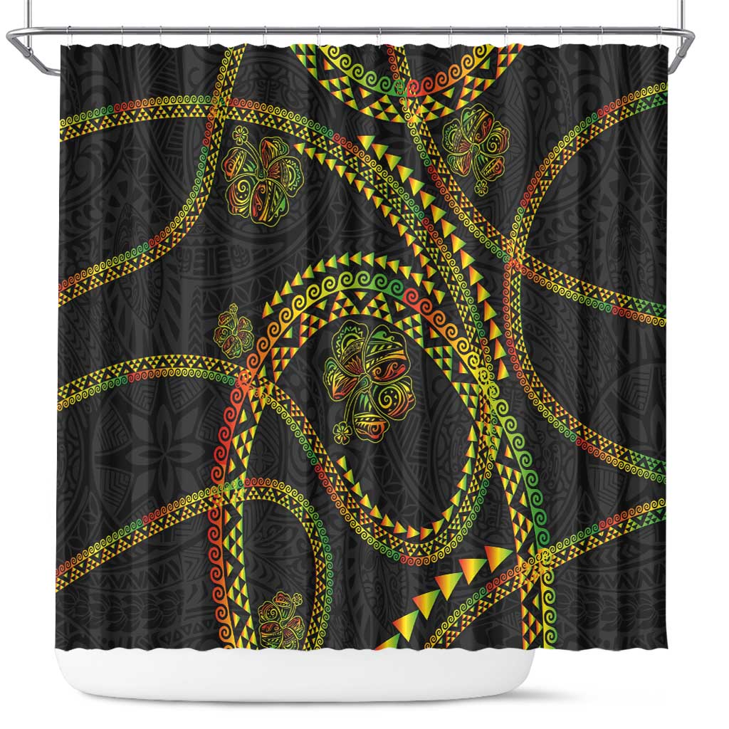 Hawaiian Kakau Art and Hisbiscus Tattoo Shower Curtain Tribal Pattern-Reggae Style LT03 Black - Polynesian Pride
