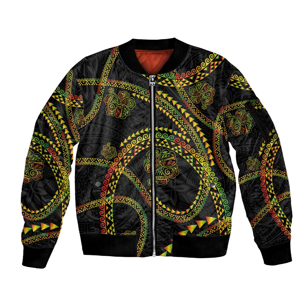 Hawaiian Kakau Art and Hisbiscus Tattoo Sleeve Zip Bomber Jacket Tribal Pattern-Reggae Style LT03 Unisex Black - Polynesian Pride