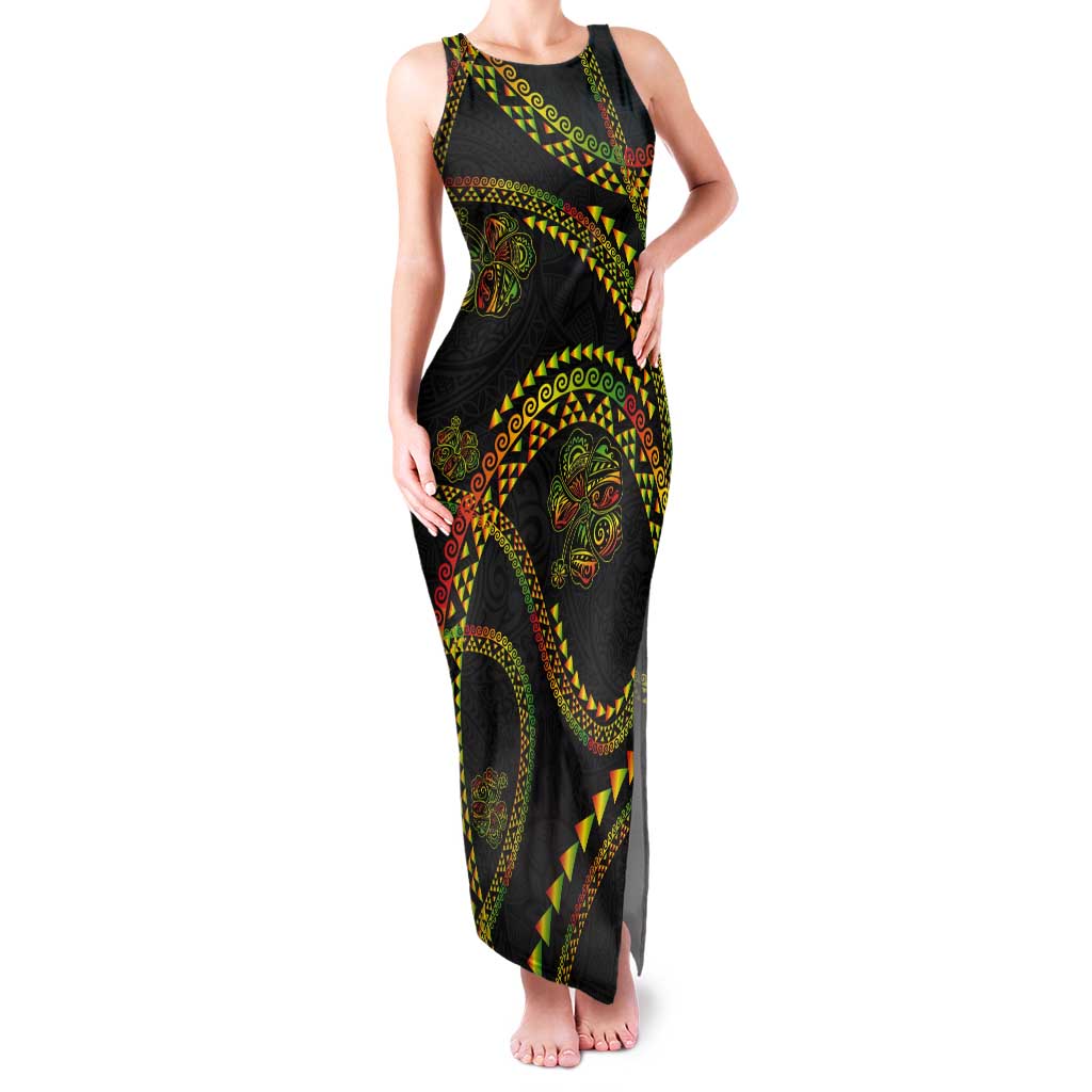 Hawaiian Kakau Art and Hisbiscus Tattoo Tank Maxi Dress Tribal Pattern-Reggae Style LT03 Women Black - Polynesian Pride