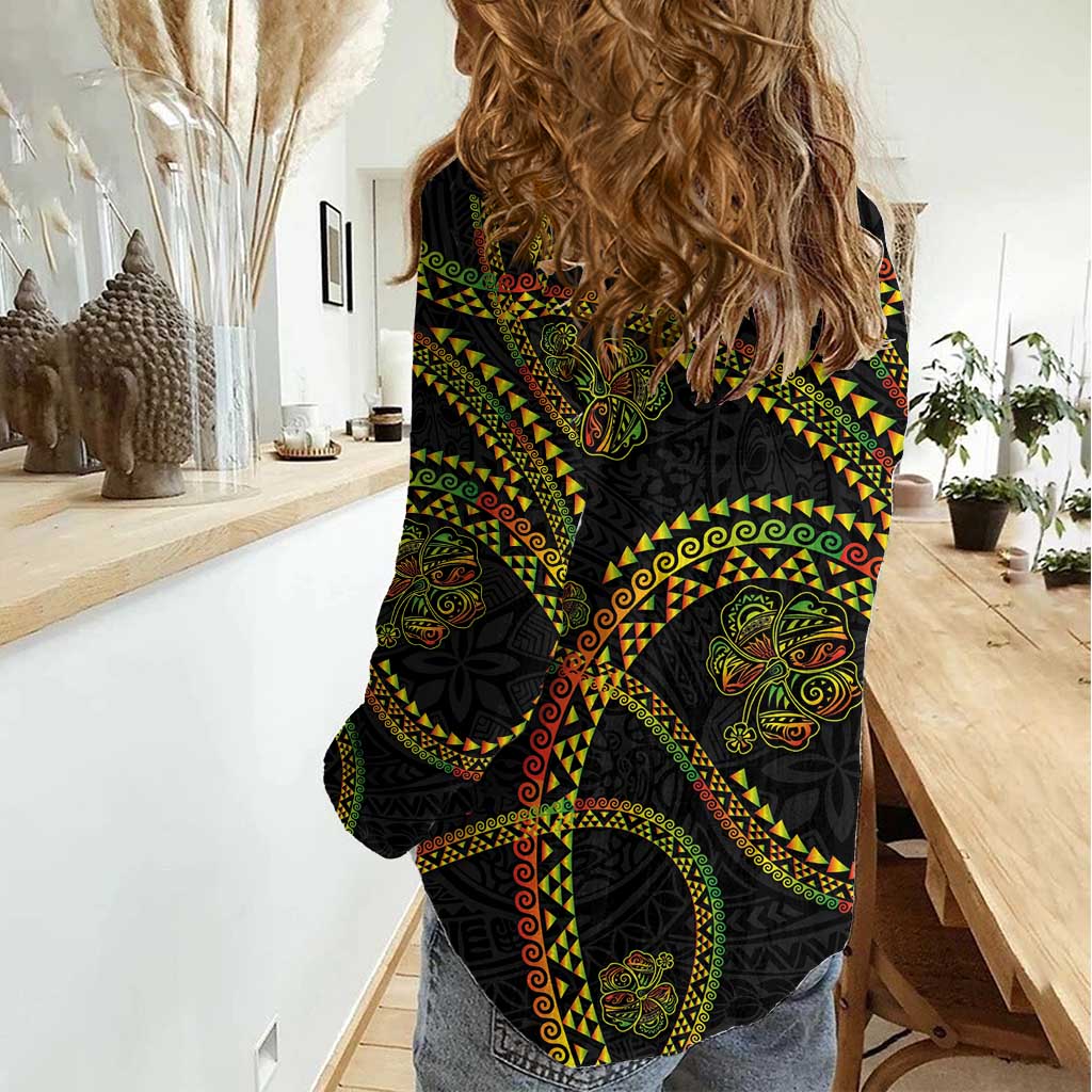 Hawaiian Kakau Art and Hisbiscus Tattoo Women Casual Shirt Tribal Pattern-Reggae Style - Polynesian Pride
