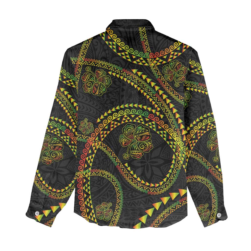 Hawaiian Kakau Art and Hisbiscus Tattoo Women Casual Shirt Tribal Pattern-Reggae Style - Polynesian Pride
