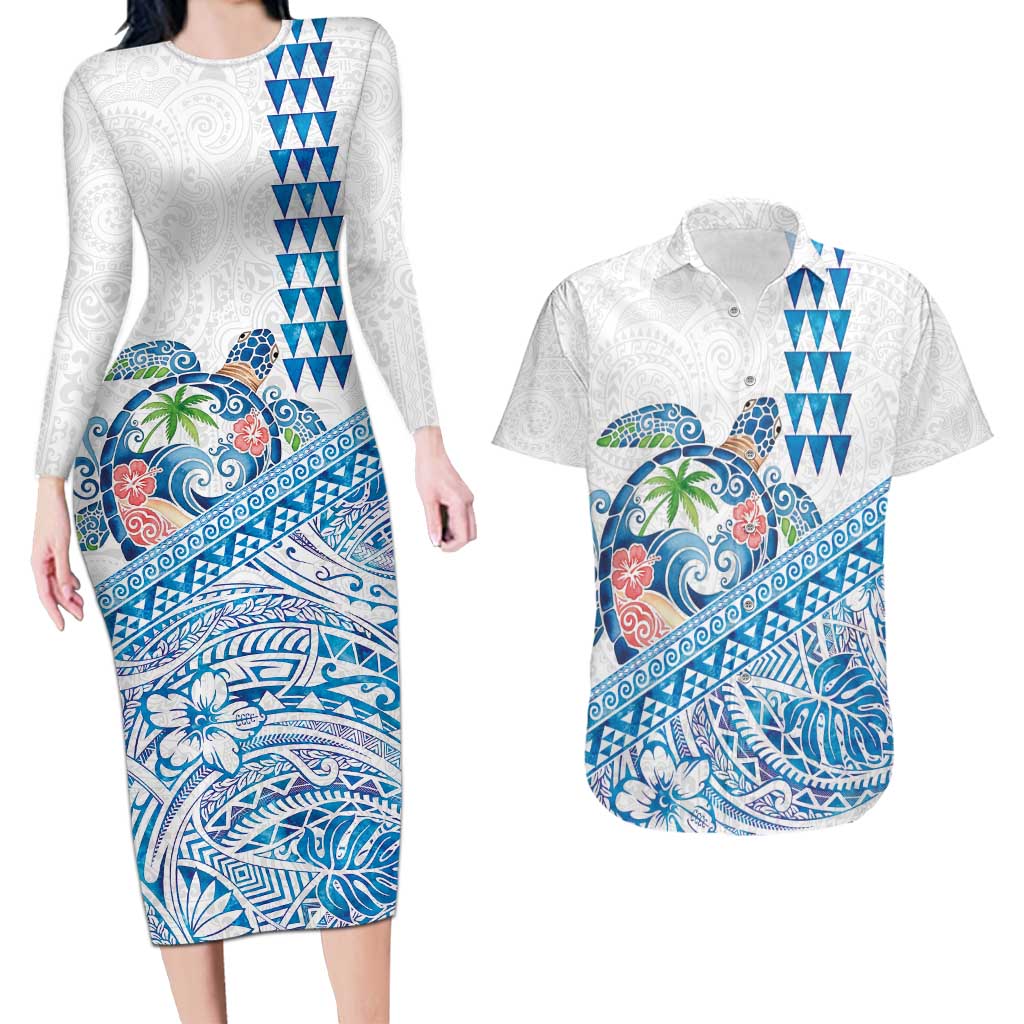 Hawaiian Abstract Sea Turtle Couples Matching Long Sleeve Bodycon Dress and Hawaiian Shirt Polynesian Tapa Art and Kakau Tattoo White WaterColor LT03 White - Polynesian Pride