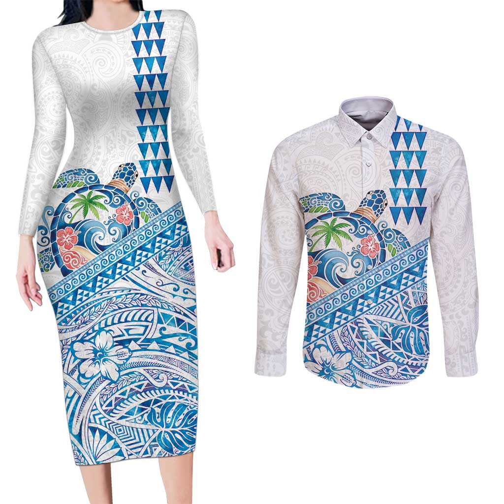 Hawaiian Abstract Sea Turtle Couples Matching Long Sleeve Bodycon Dress and Long Sleeve Button Shirt Polynesian Tapa Art and Kakau Tattoo White WaterColor LT03 White - Polynesian Pride