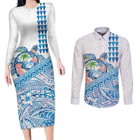 Hawaiian Abstract Sea Turtle Couples Matching Long Sleeve Bodycon Dress and Long Sleeve Button Shirt Polynesian Tapa Art and Kakau Tattoo White WaterColor LT03 White - Polynesian Pride