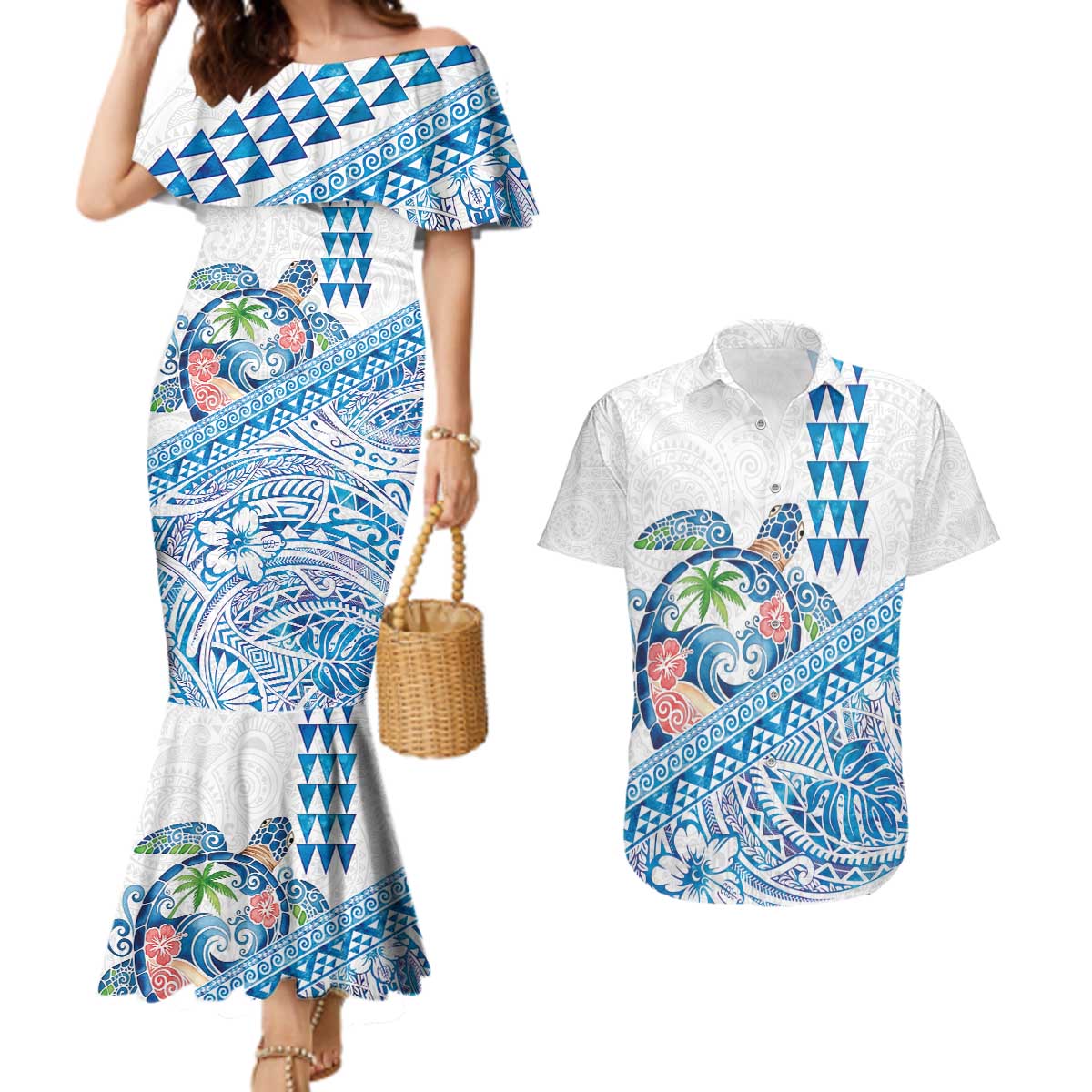 Hawaiian Abstract Sea Turtle Couples Matching Mermaid Dress and Hawaiian Shirt Polynesian Tapa Art and Kakau Tattoo White WaterColor LT03 White - Polynesian Pride